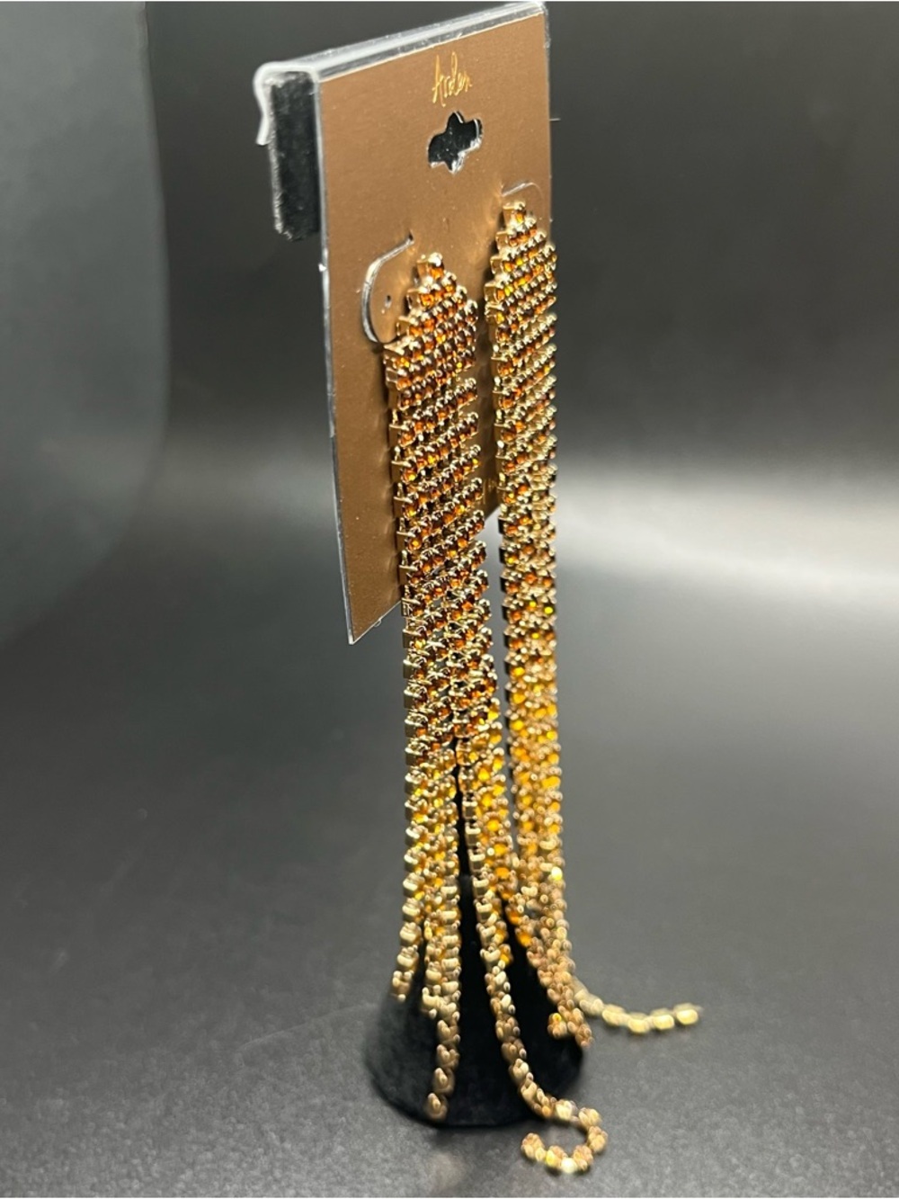Long rhinestone fringe statement earrings gold tone amber sparkle NWT - Picture 4 of 7